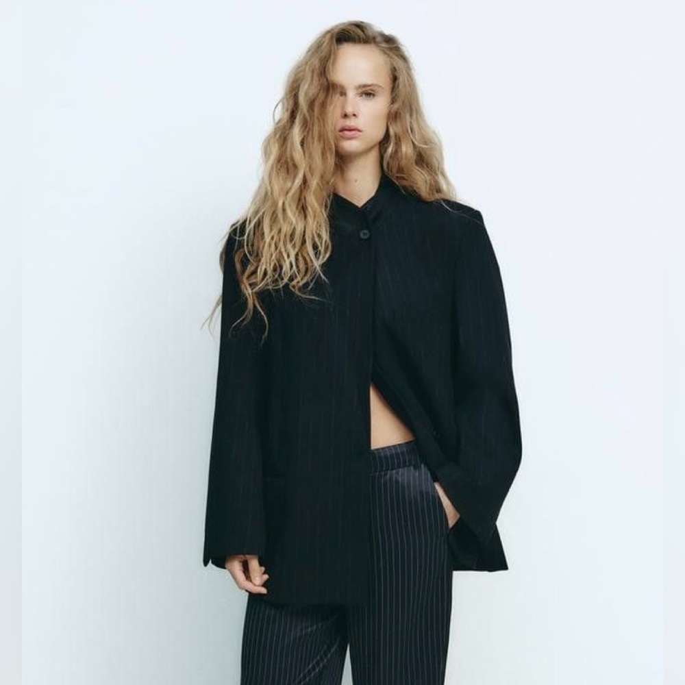 Zara Oversized Pinstripe Blazer - Navy Blue | XS–S